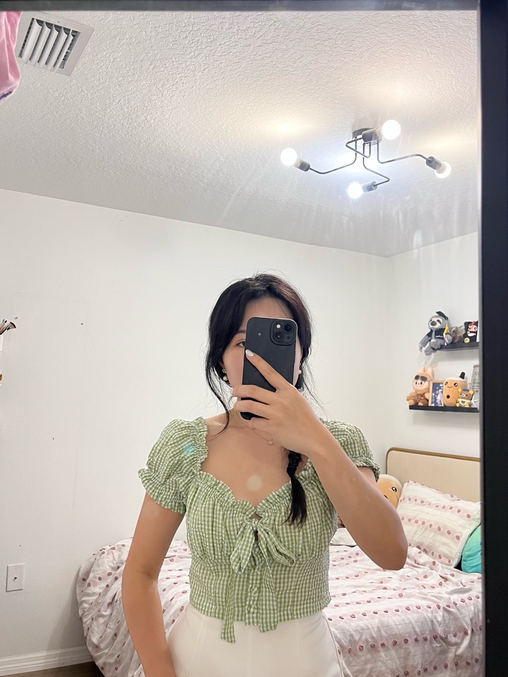 Green Gingham Tie-Front Puff Sleeve Crop Top - Women